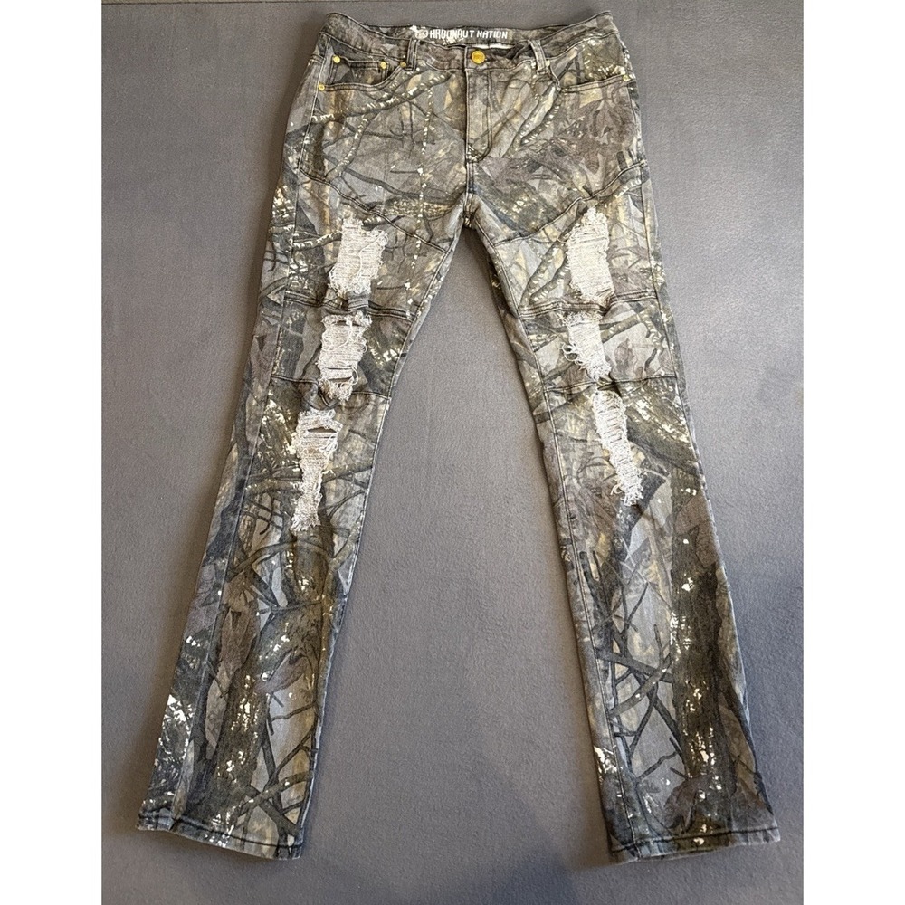 Argonaut Nation Mens Distressed Camo Jeans Grey Silver Tree Print 38x34 Slim Fit
